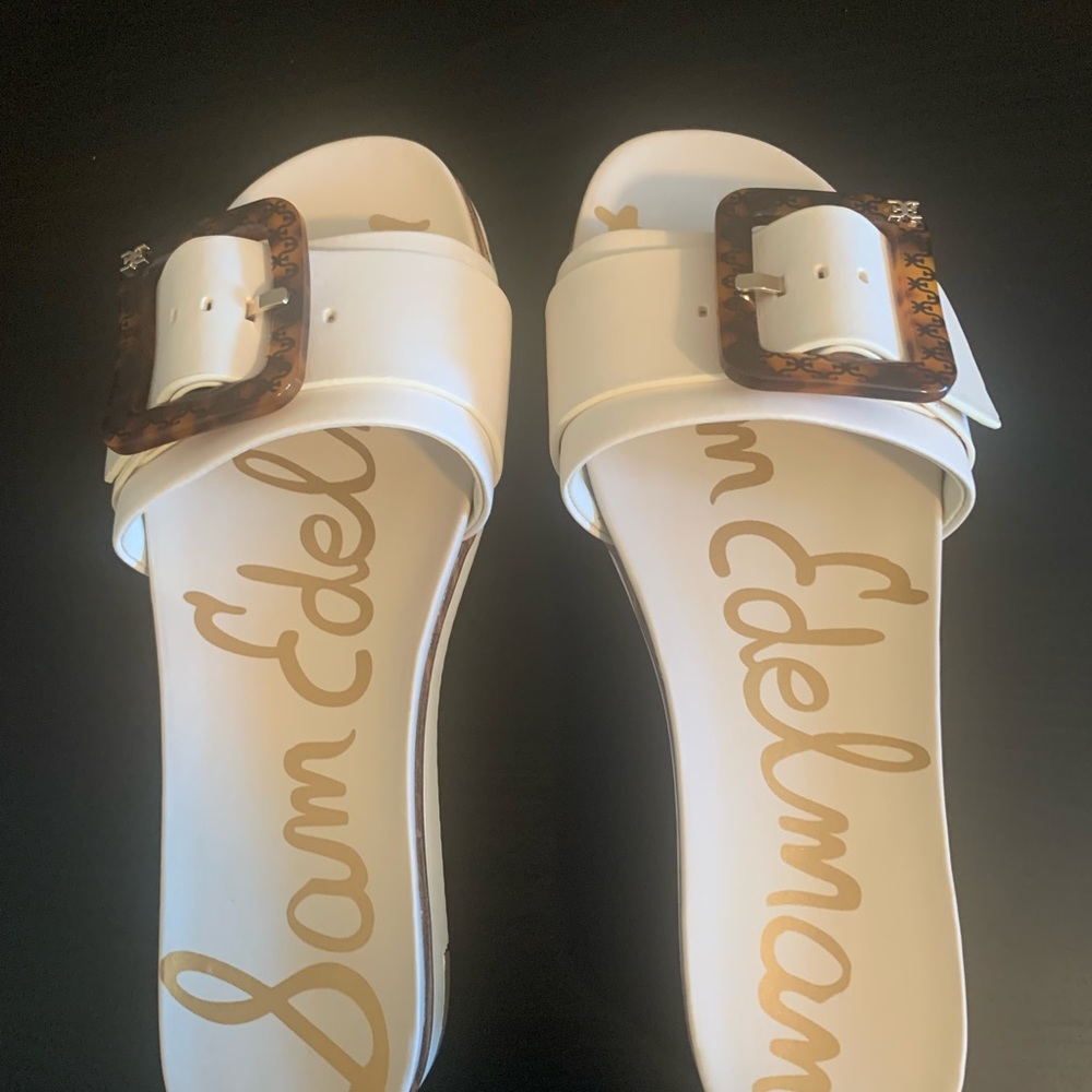 Sam Edelman Cream Sandals with Wide Strap and Square Buckle